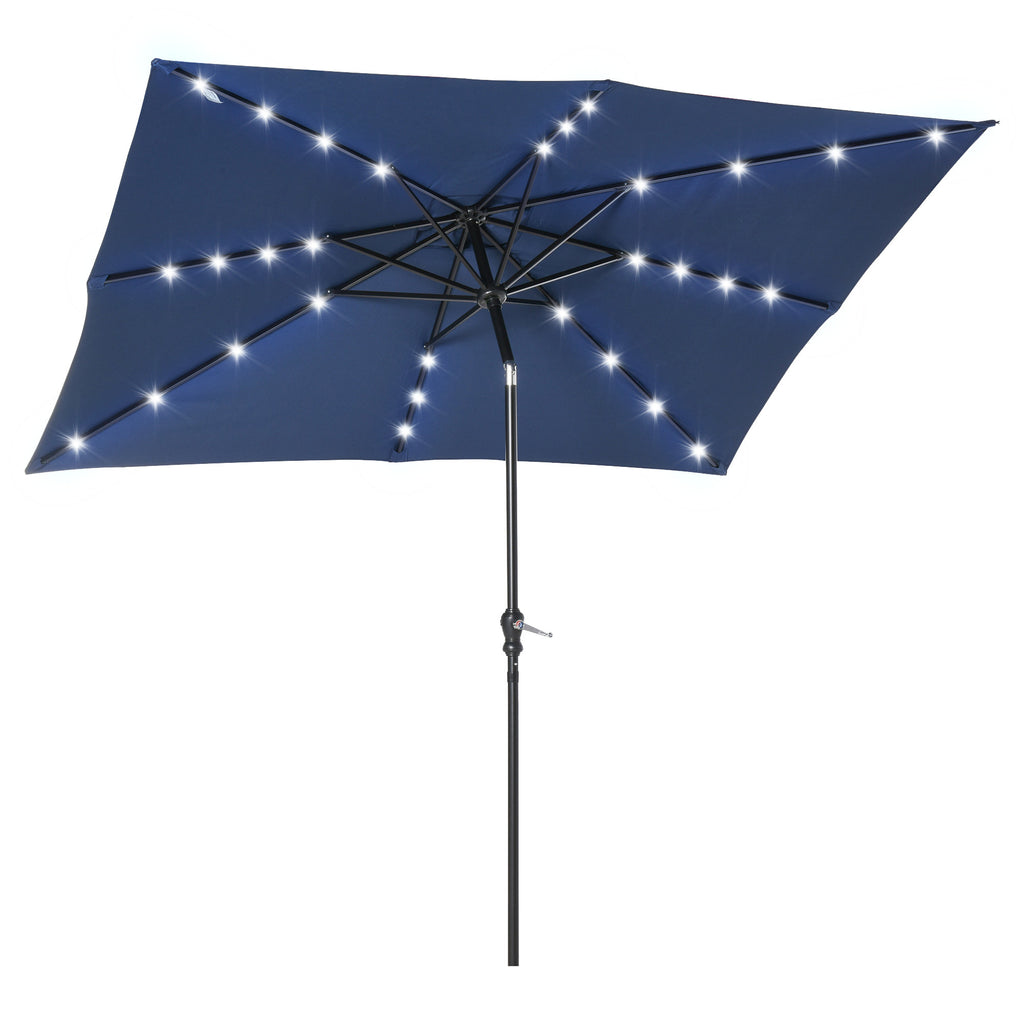 Leoglint 9' x 7' Solar Umbrella, LED Lighted Patio Umbrella for Table or Base with Tilt & Crank, Outdoor Umbrella for Garden, Deck, Backyard, Pool, Beach, Blue