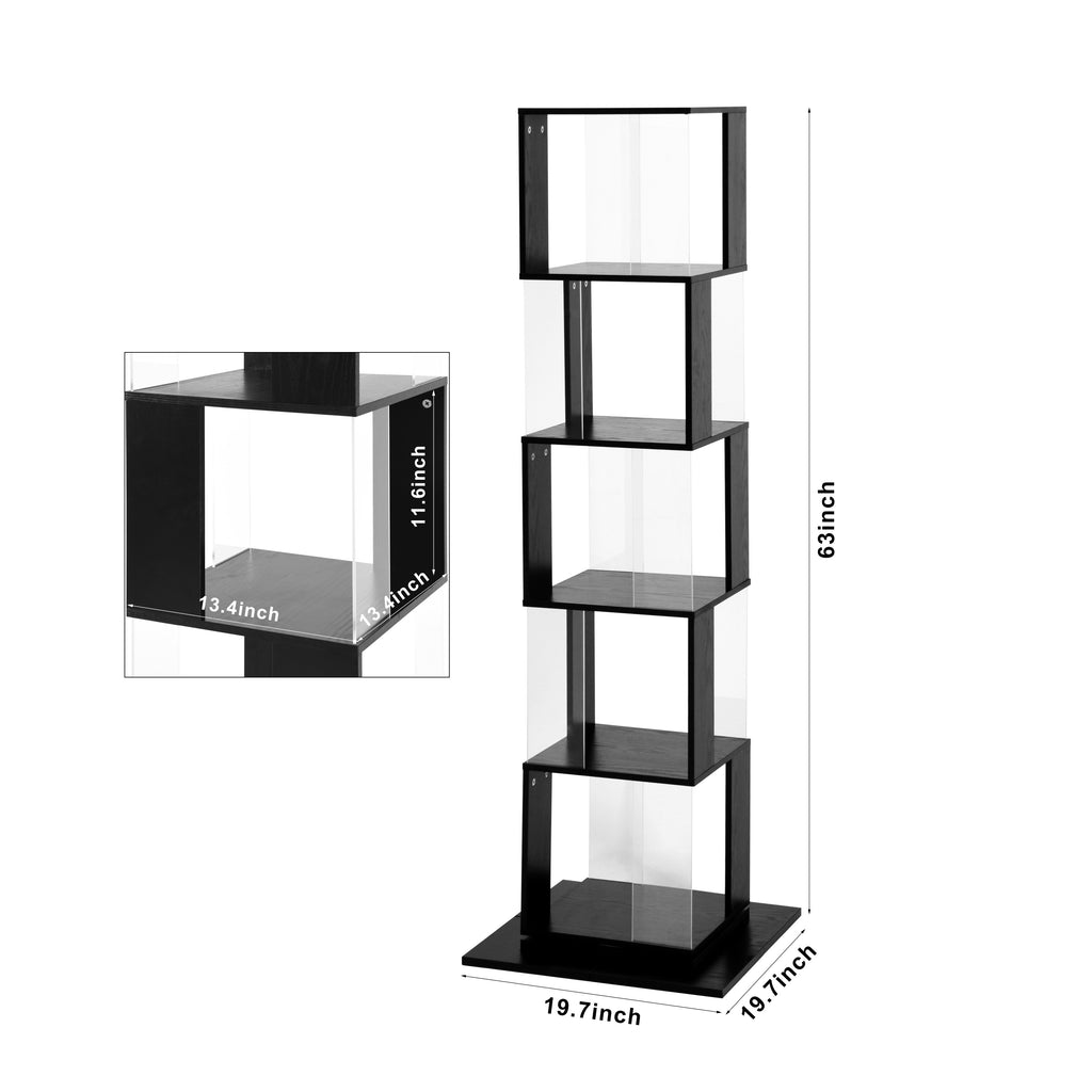 Leoglint 5 tier Rotating Bookshelf, Floor Rack Simple Bookcase  with Acrylic plate Student Multi-Function Creative Bookshelf for Living Room with anti-toppling base