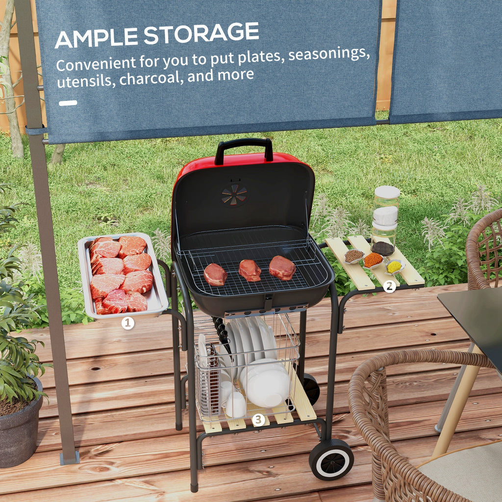 Leoglint 17" Portable Charcoal Grill with Wheels, 2 Side Tables and Bottom Shelf, BBQ with Adjustable Vents on Lid for Picnic, Camping, Backyard, Cooking, Red