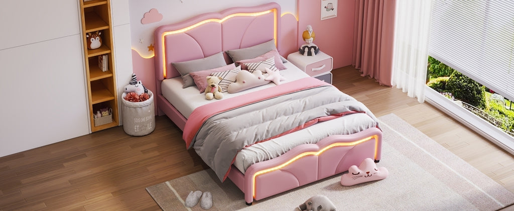 Leoglint Full Size Upholstered Platform Bed Frame with Curve Shaped and Height-adjustbale Headboard,LED Light Strips,Pink