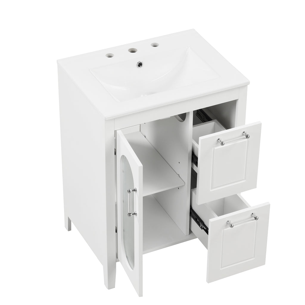 Leoglint 24" Bathroom Vanity with Sink, Bathroom Vanity Cabinet with Two Drawers and Door, Adjustable Shelf, Solid Wood and MDF, White