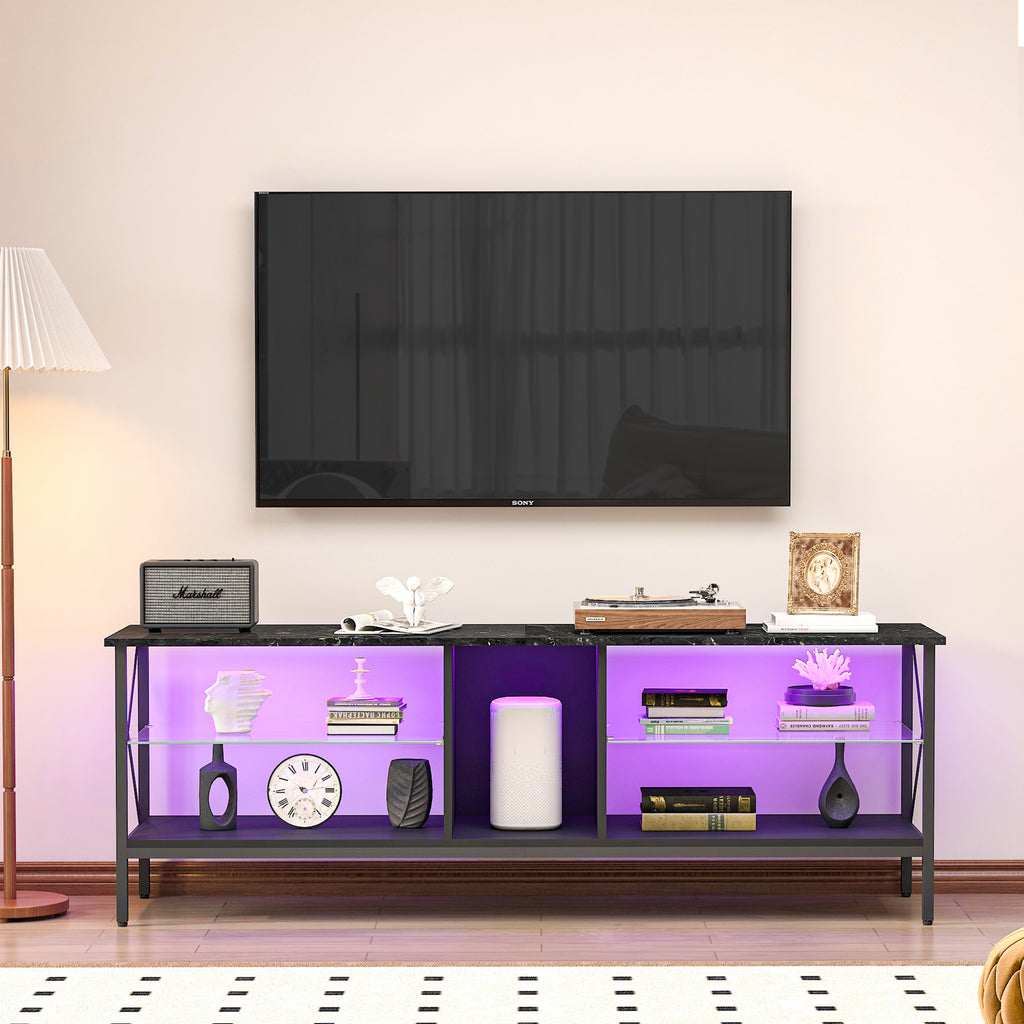 Leoglint TV stand,Iron TV cabinet,entertainment center, TV set, media console, with LED lights, remote control,toughened glass stand,can be placed in the living room, bedroom, color:black with marble texture