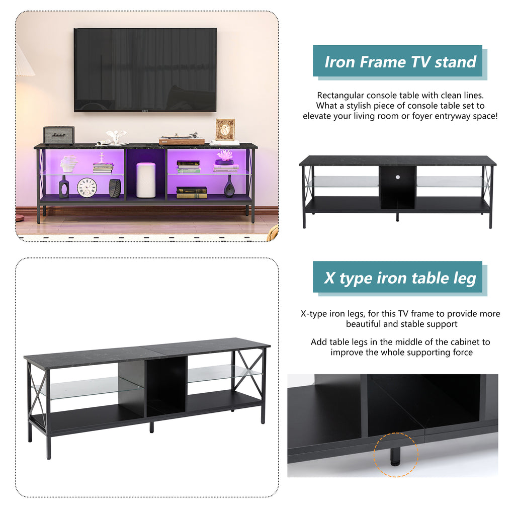 Leoglint TV stand,Iron TV cabinet,entertainment center, TV set, media console, with LED lights, remote control,toughened glass stand,can be placed in the living room, bedroom, color:black with marble texture