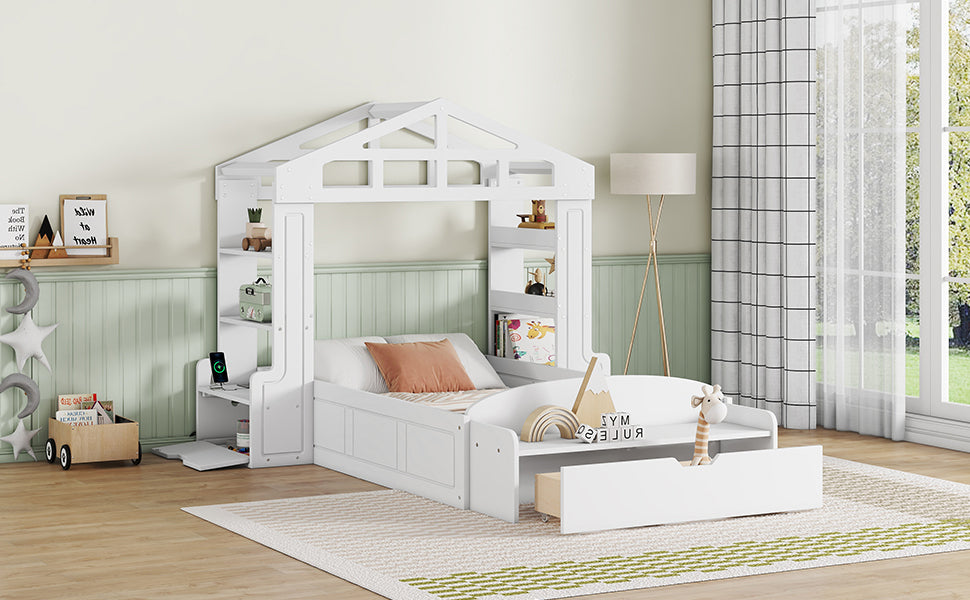 Leoglint Twin Size House Bed Frame with Bench, Socket and Shelves, White