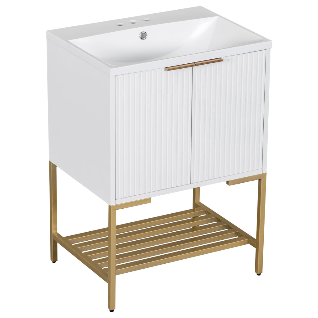 Leoglint 24" Bathroom Vanity with Sink, Bathroom Vanity Cabinet with Two Doors and Gold Metal Frame, Open Storage Shelf, White