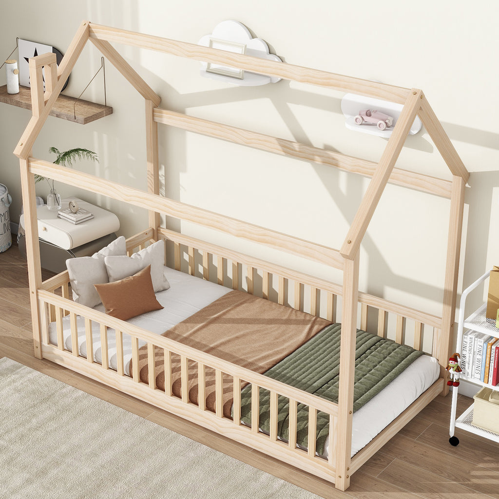 Twin House Bed Frame with Guardrails, Slats ,Natural