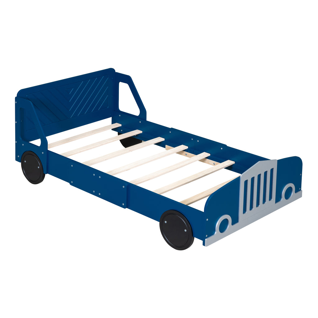 Leoglint Twin Size Car-Shaped Platform Bed Frame with Wheels,Blue