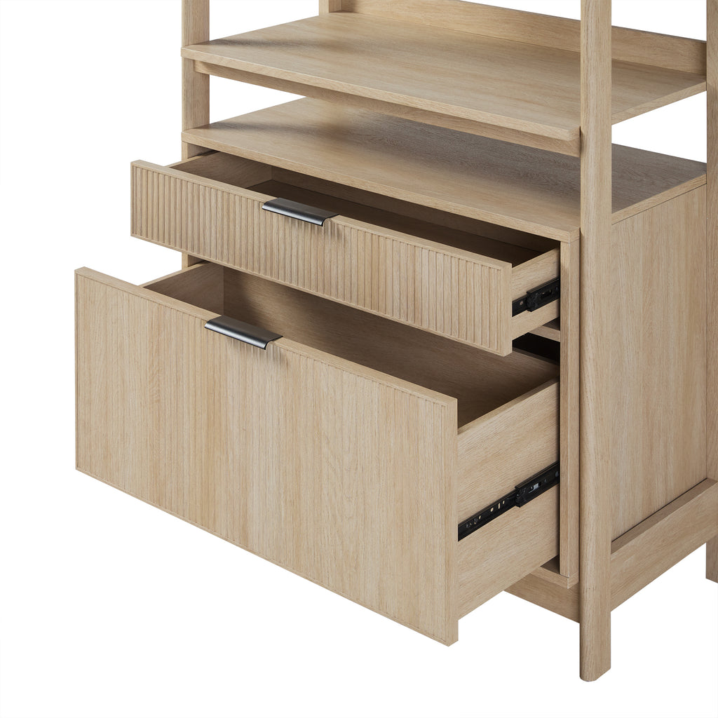 Leoglint Transitional Wide Bookshelf with Drawers on Bottom - Oak