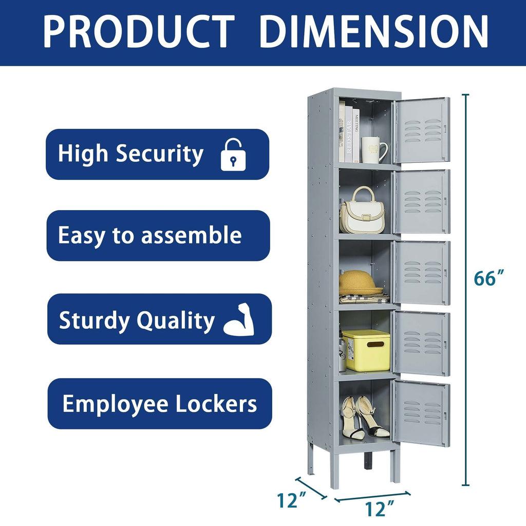 Leoglint 5 Door 66"H Metal Lockers With Lock for Employees,Storage Locker Cabinet  for Home Gym Office School Garage,Gray