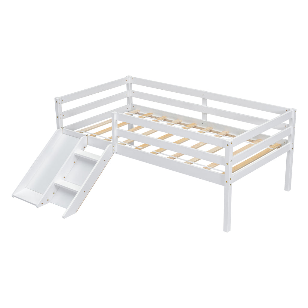 Twin Low Loft Bed Frame with Slide,  Ladder, Safety Guardrails, No Box Spring Needed,White