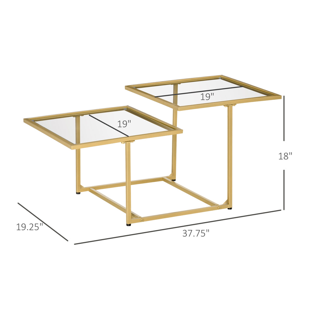 Leoglint Coffee Table, Tempered Glass Coffee Table with 2 Square Tabletops, Modern Coffee Tables for Living Room, Bedroom, Gold