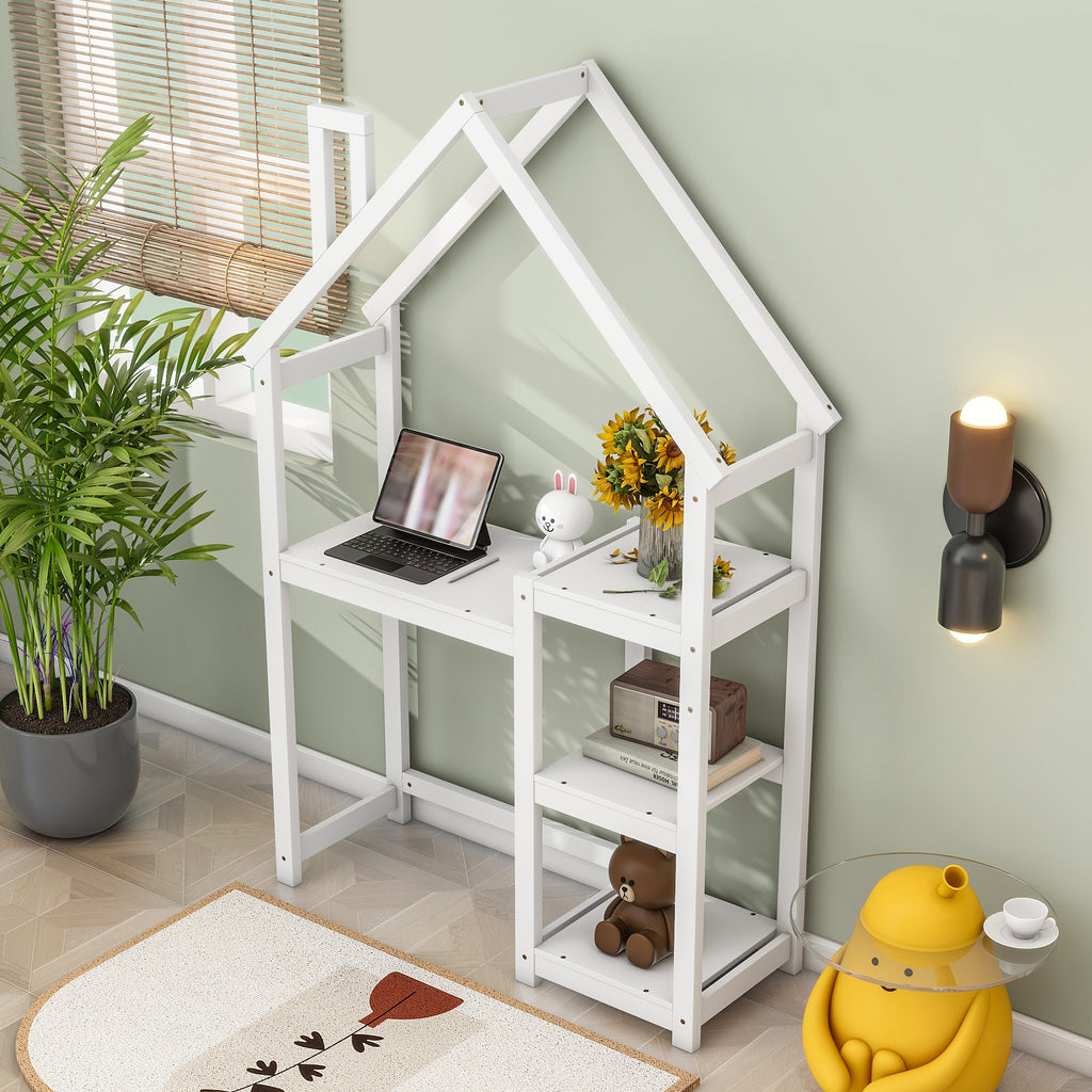 Leoglint House-shaped Wooden writing Desk,Kids study Table,Bookshelf & Toy Storage,White