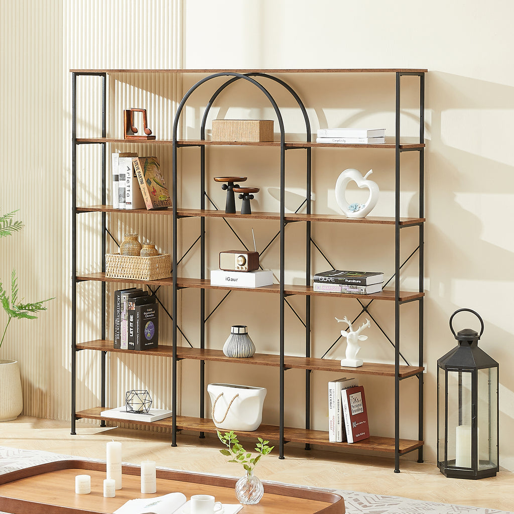 Leoglint 6 Tier Bookcase Home Office Open Bookshelf, Vintage Industrial Style Shelf with Metal Frame, MDF Board, Brown