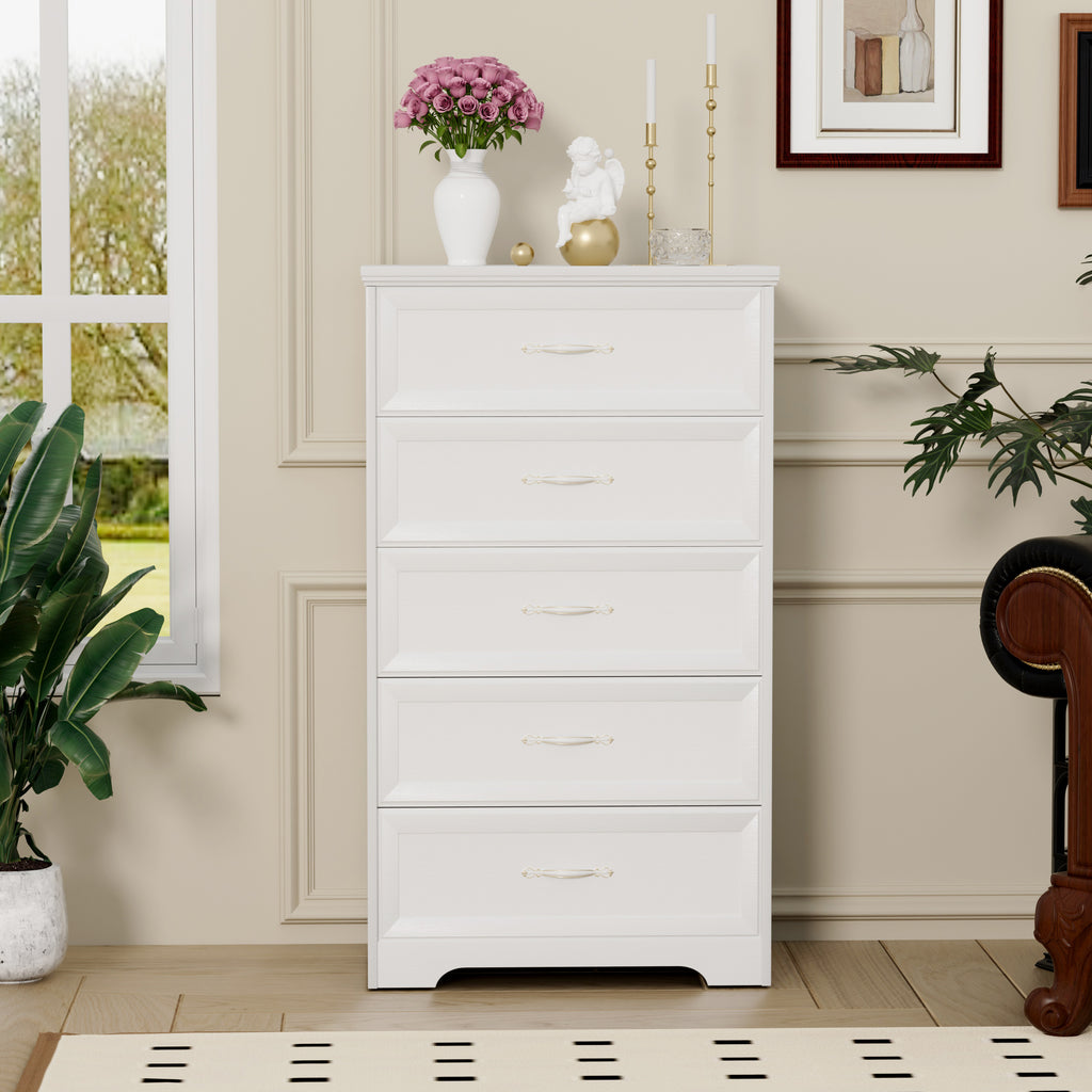 Leoglint Modern 5 Tier Bedroom Chest of Drawers, Dresser with Drawers,Drawer Chest, Clothes Organizer -Metal Pulls for Living Room, Bedroom, Hallway, White, 25.2″L x 15.8″W x 43.5″H