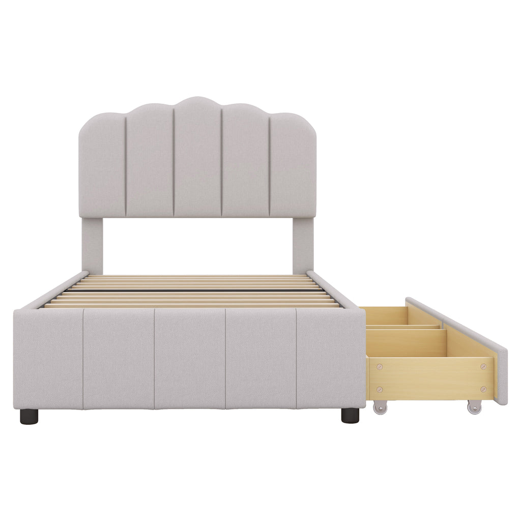 Leoglint Twin Size Upholstered Bed Frame with 2 Storage Drawers,Wood Slat Support, Beige