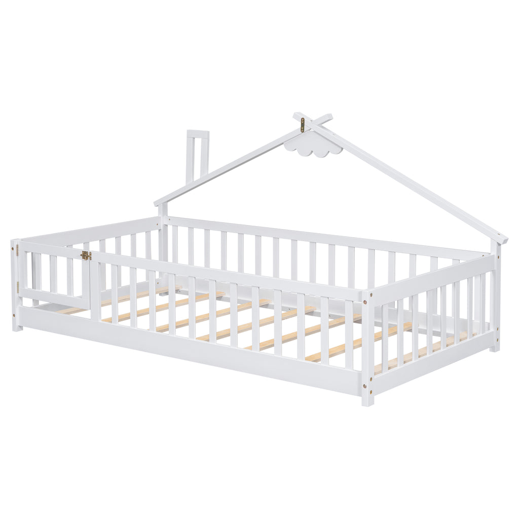 Twin House-Shaped Bedside Floor Bed Frame with Guardrails, Slats, with Door,White