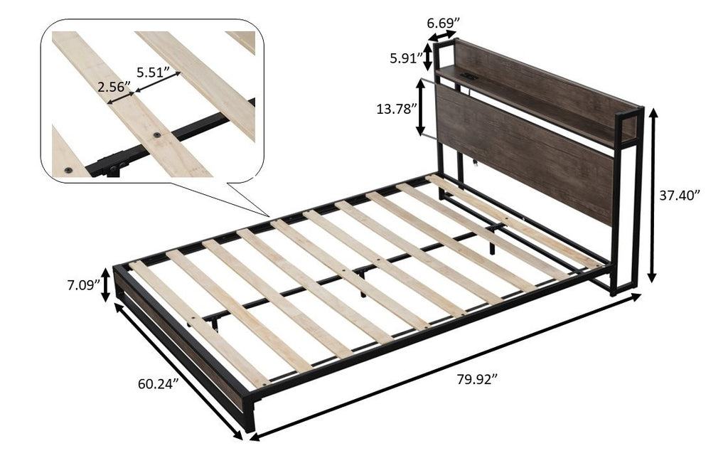 Platform Queen Bed Frame with Socket, Fast Assemble Design