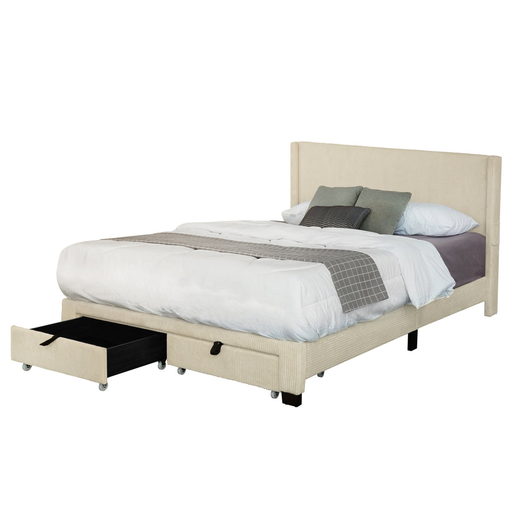 Leoglint Bed Frame CORDUROY VELVET QUEEN FOOTBOARD DRAWER STORAGE UPHOLSTERED WINGBACK BED NO BOX SPRING REQUIRE BEIGE WHITE