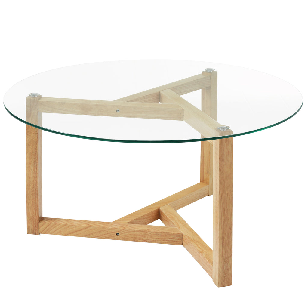 Leoglint [New Picture] ON-TREND Round Glass Coffee Table Modern Cocktail Table Easy Assembly with Tempered Glass Top & Sturdy Wood Base, Natural (OLD SKU: WF190112AAL)