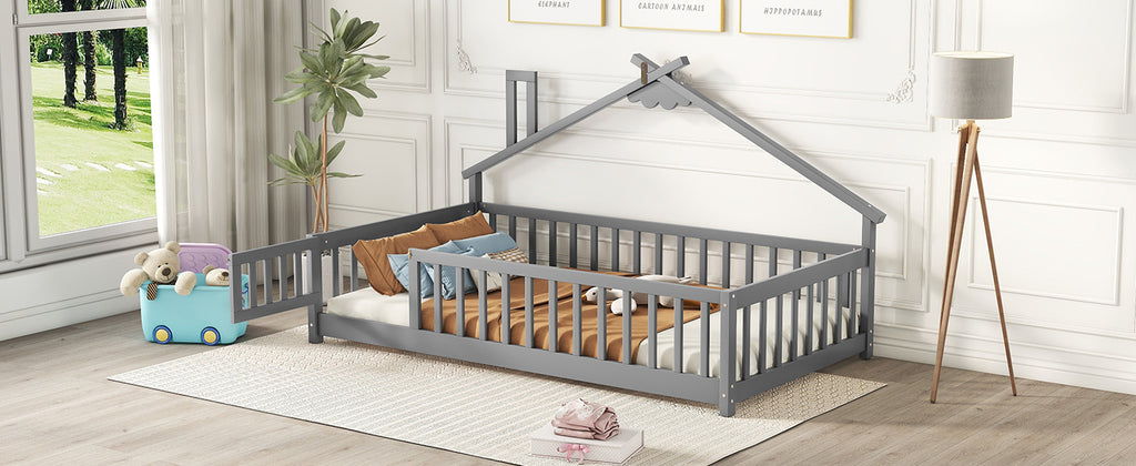 Twin House-Shaped Bedside Floor Bed Frame with Guardrails, Slats, with Door,Grey