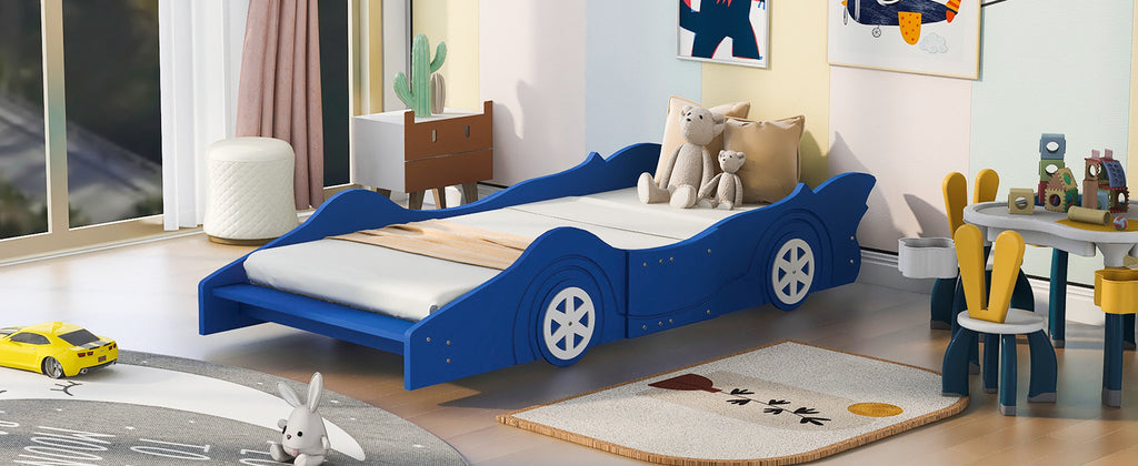 Leoglint Twin Size Race Car-Shaped Platform Bed Frame with Wheels,Blue