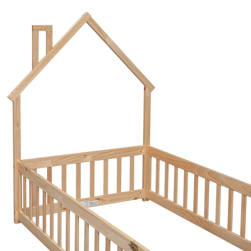 Twin House-Shaped Headboard Floor Bed Frame with Fence,Natural