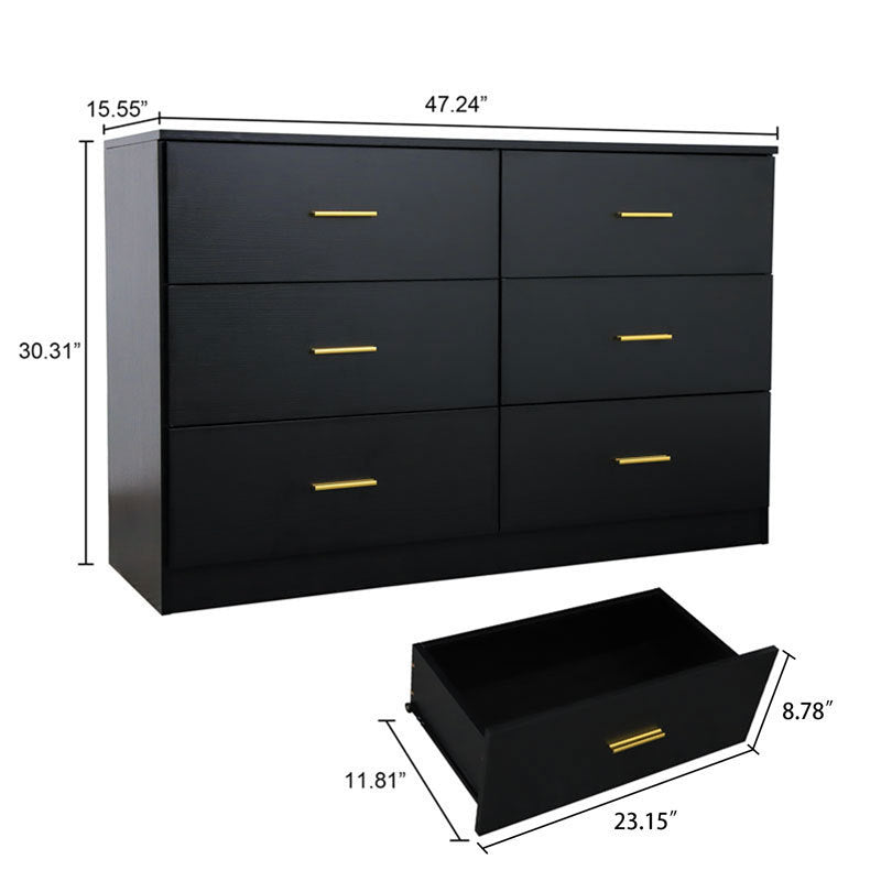 Leoglint Modern Black 6-Drawer Dresser Drawer Chest for Bedroom - Ample Storage Wide Chest of Drawers, Sturdy & Safe