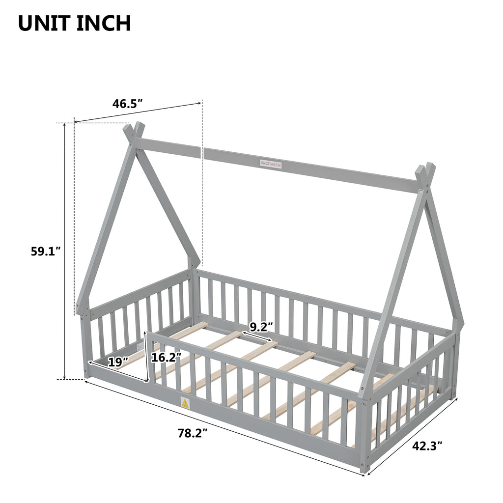 Leoglint Twin Tent-shaped Floor Bed Frame, Teepee Bed with Guardrails, Slats,Grey