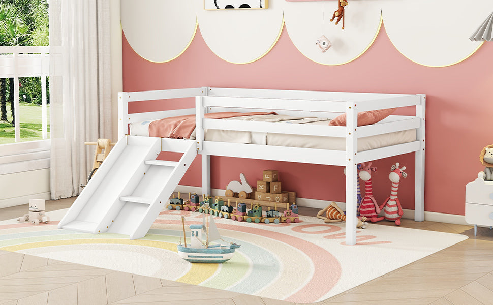 Twin Low Loft Bed Frame with Slide,  Ladder, Safety Guardrails, No Box Spring Needed,White