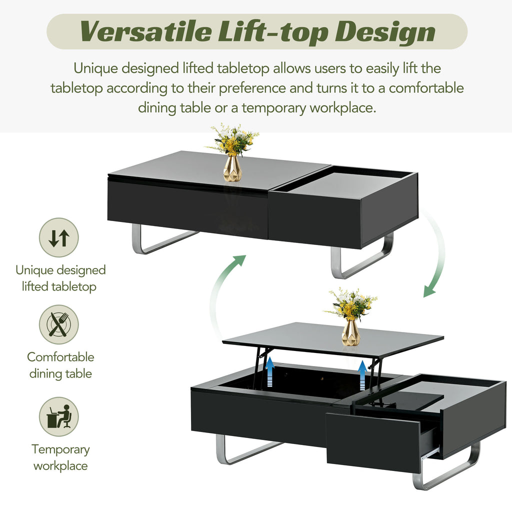 Leoglint [VIDEO provided] ON-TREND Multi-functional Coffee Table with Lifted Tabletop, Contemporary Cocktail Table with Metal Frame Legs, High-gloss Surface Dining Table for Living Room, Black