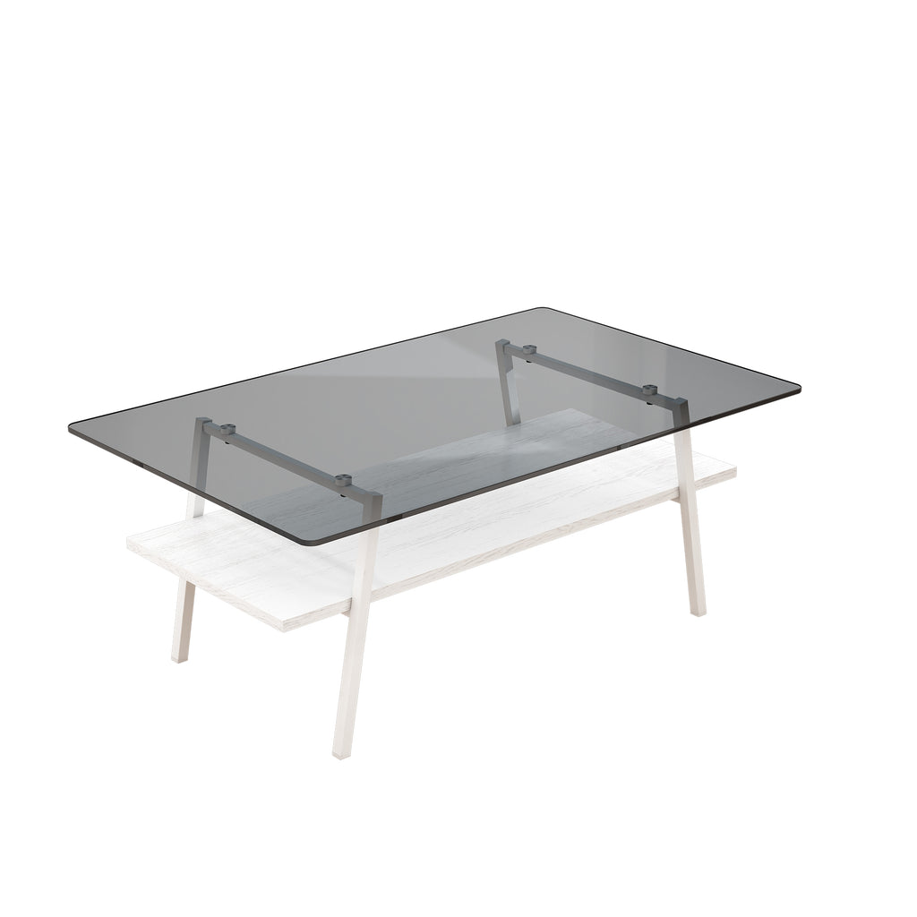 Leoglint Rectangle Coffee Table, Tempered Glass Tabletop with White Metal Legs, Modern Table for Living Room , Gray Glass