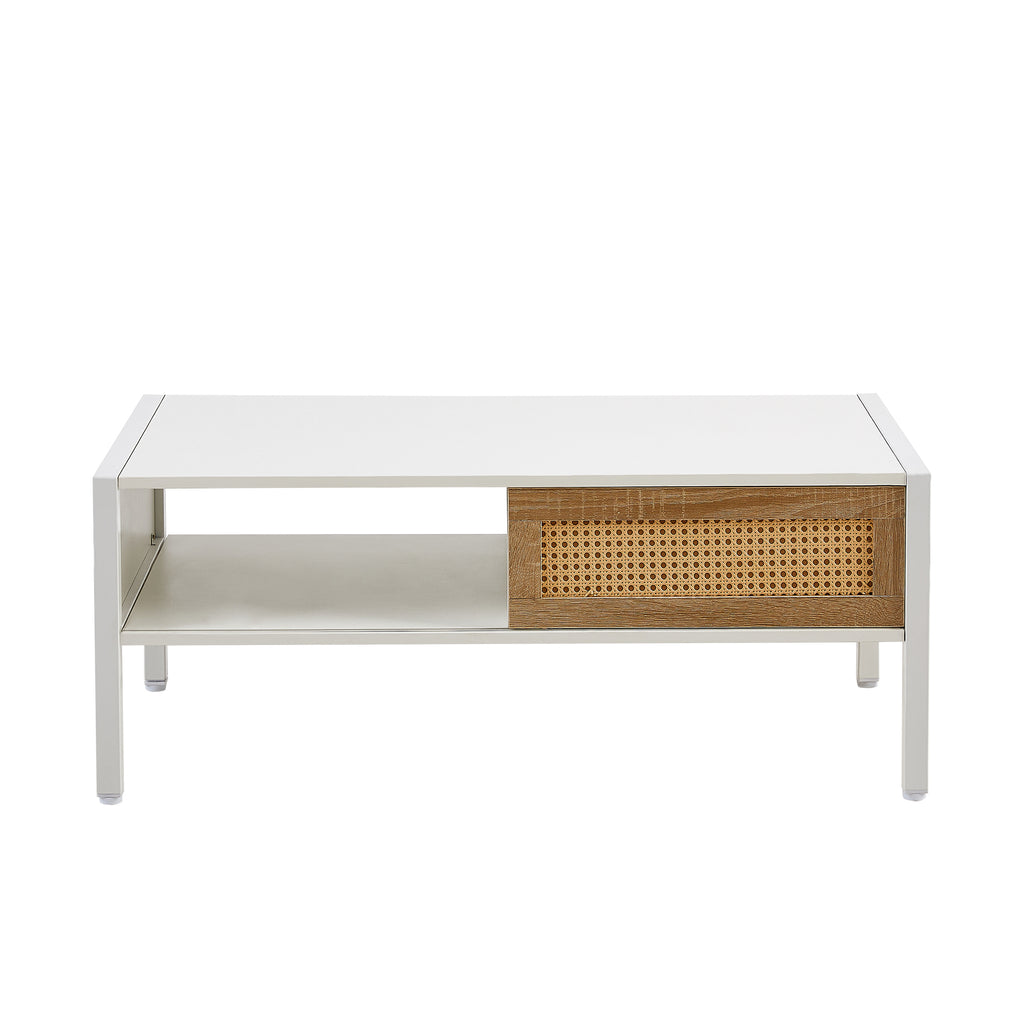 Leoglint 40.16" Rattan Coffee table, sliding door for storage, metal legs, Modern table  for living room , white