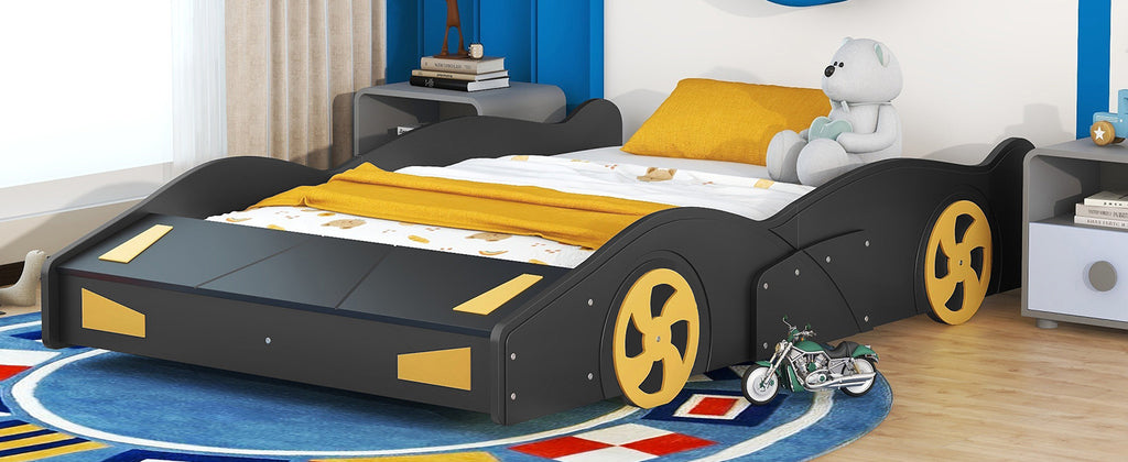 Leoglint Full Size Race Car-Shaped Platform Bed with Wheels and Storage, Black+Yellow