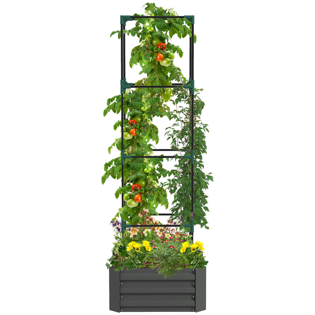 Leoglint Garden Trellis Galvanized Raised Garden Bed, 24" x 24" x 11.75" Outdoor Planter Box with Trellis Tomato Cage and Open Bottom for Climbing Vines, Vegetables, Flowers in Backyard, Garden, Patio, Gray