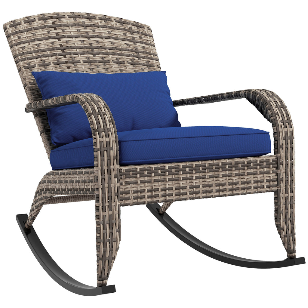 Leoglint Wicker Adirondack Rocking Outdoor Chair, Patio Rattan Rocker Chair with High Back, Seat Cushion, and Pillow for Garden, Porch, Balcony, Dark Blue