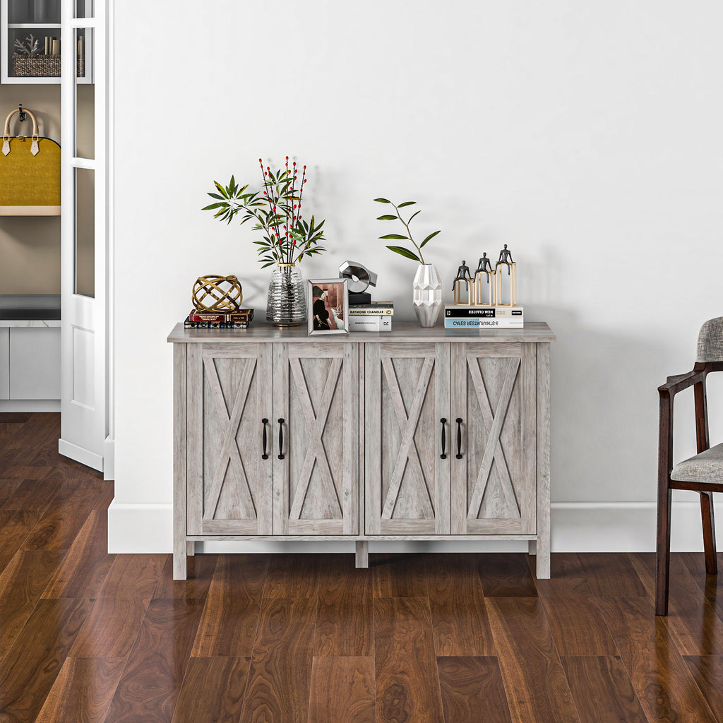 Leoglint Buffet Cabinet, 47" Sideboard with 4 Barn Doors and 2 Adjustable Shelves, Farmhouse Coffee Bar Cabinet, Gray Wood Grain