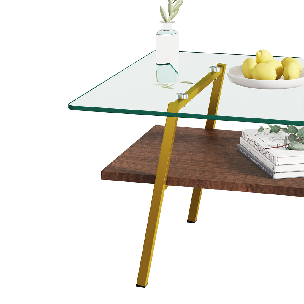 Leoglint Rectangle Coffee Table, Tempered Glass Tabletop with Gold Metal Legs, Modern Table for Living Room , Transparent Glass