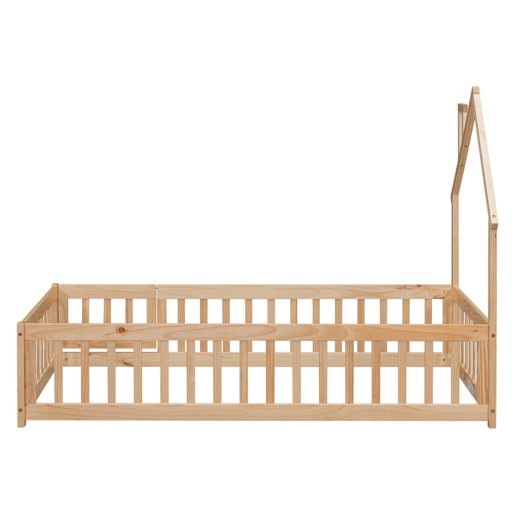 Twin House-Shaped Headboard Floor Bed Frame with Fence,Natural