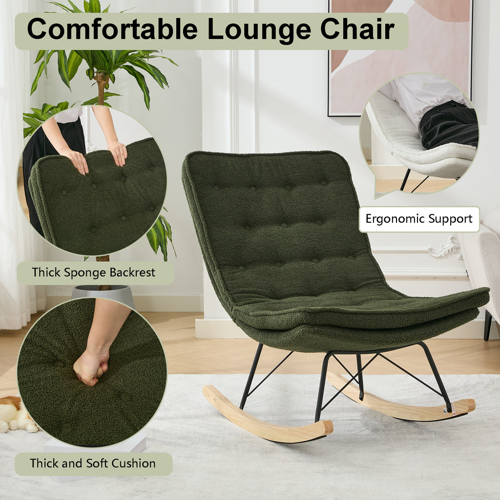 Leoglint Lazy Rocking Outdoor Chair,Comfortable Lounge Chair with Wide Backrest and Seat Wood Base, Upholstered Armless Rocker Chair for Living room, Balcony,Bedroom and Patio Porch. (DARK GREEN)