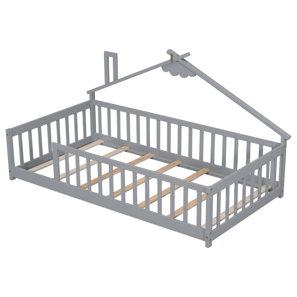 Leoglint Twin House-Shaped Bedside Floor Bed Frame with Guardrails, Slats, without Door ,Grey