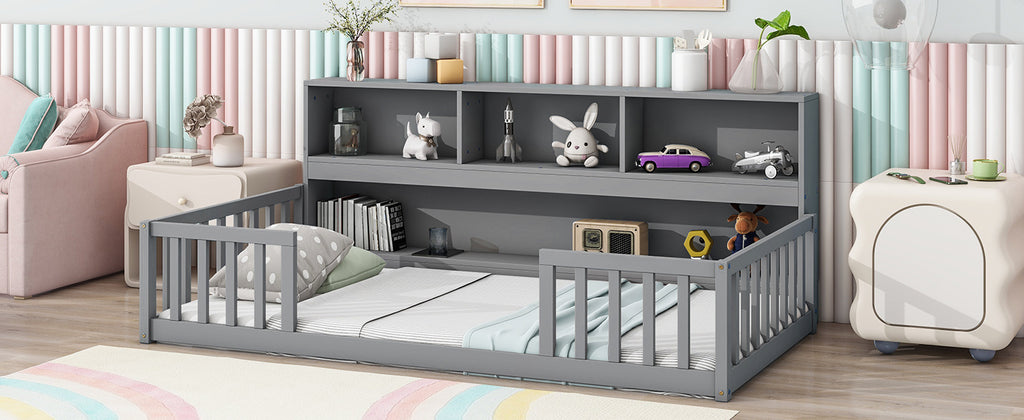 Twin Floor Bed Frame  with  Bedside Bookcase,Shelves,Guardrails,Grey