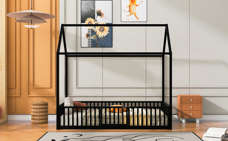 Leoglint Twin Size Metal House Bed Frame with Fence and Door, Black