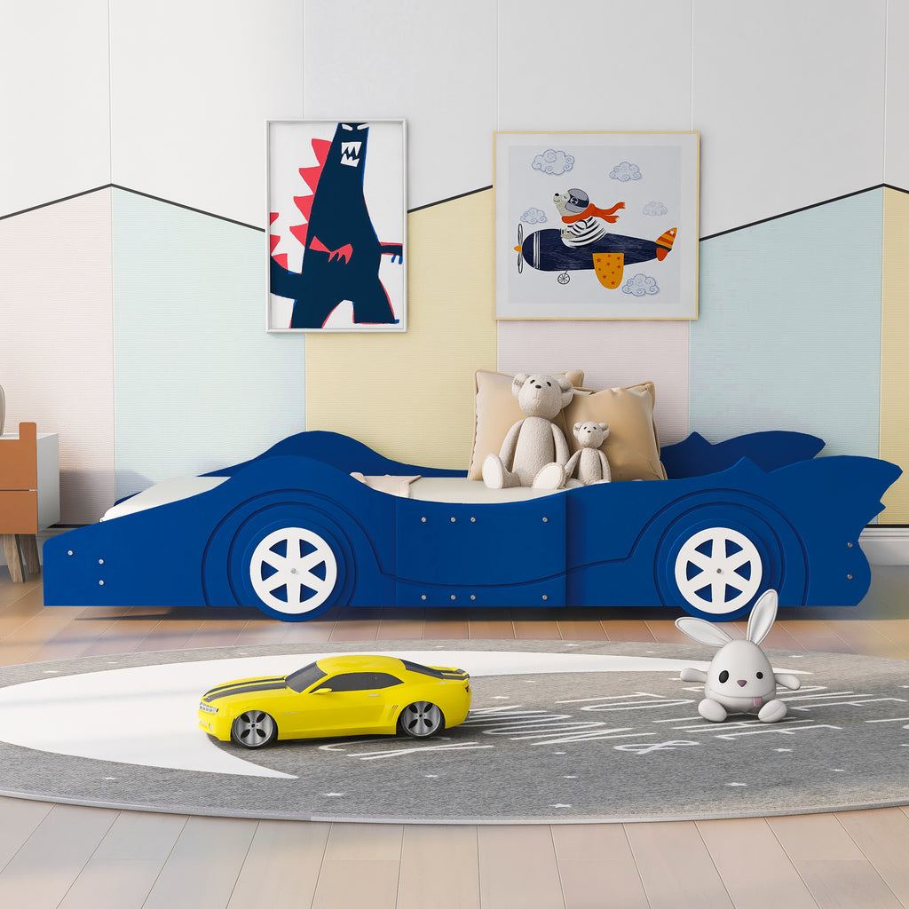 Leoglint Twin Size Race Car-Shaped Platform Bed Frame with Wheels,Blue