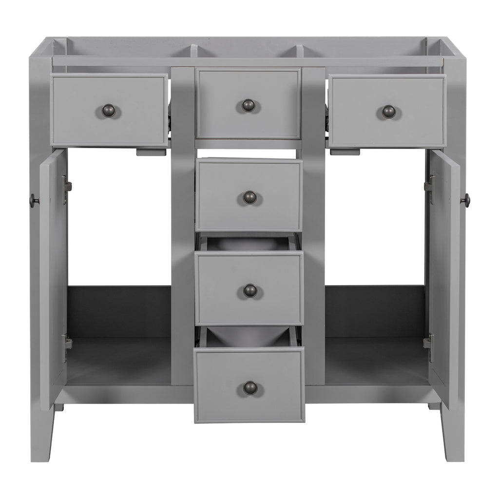 Leoglint 36" Bathroom Vanity without Sink, Cabinet Base Only, Two Cabinets and Five Drawers, Solid Wood Frame, Grey