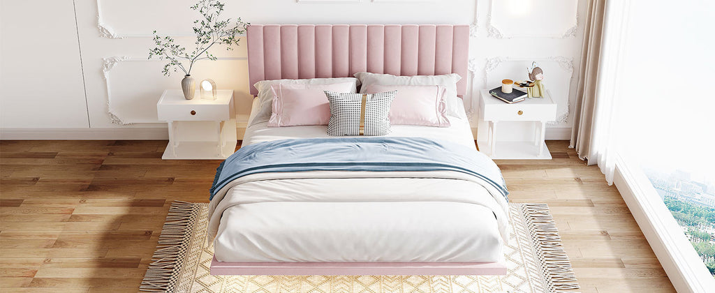 Queen Size Upholstered Bed Frame with Sensor Light and Headboard, Floating Velvet Platform Bed, Pink