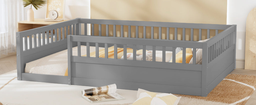 Leoglint Full Floor Bed Frame with Fence, Wood Kids Floor Beds Frame for Bedroom Playroom,Gray(Expect arrive date Jul. 10th)