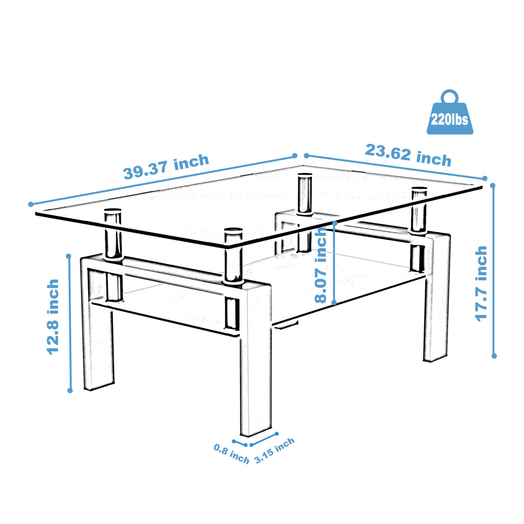 Leoglint Rectangle Black Glass Coffee Table, Clear Coffee Table,Modern Side Center Tables for Living Room,Living Room Furniture