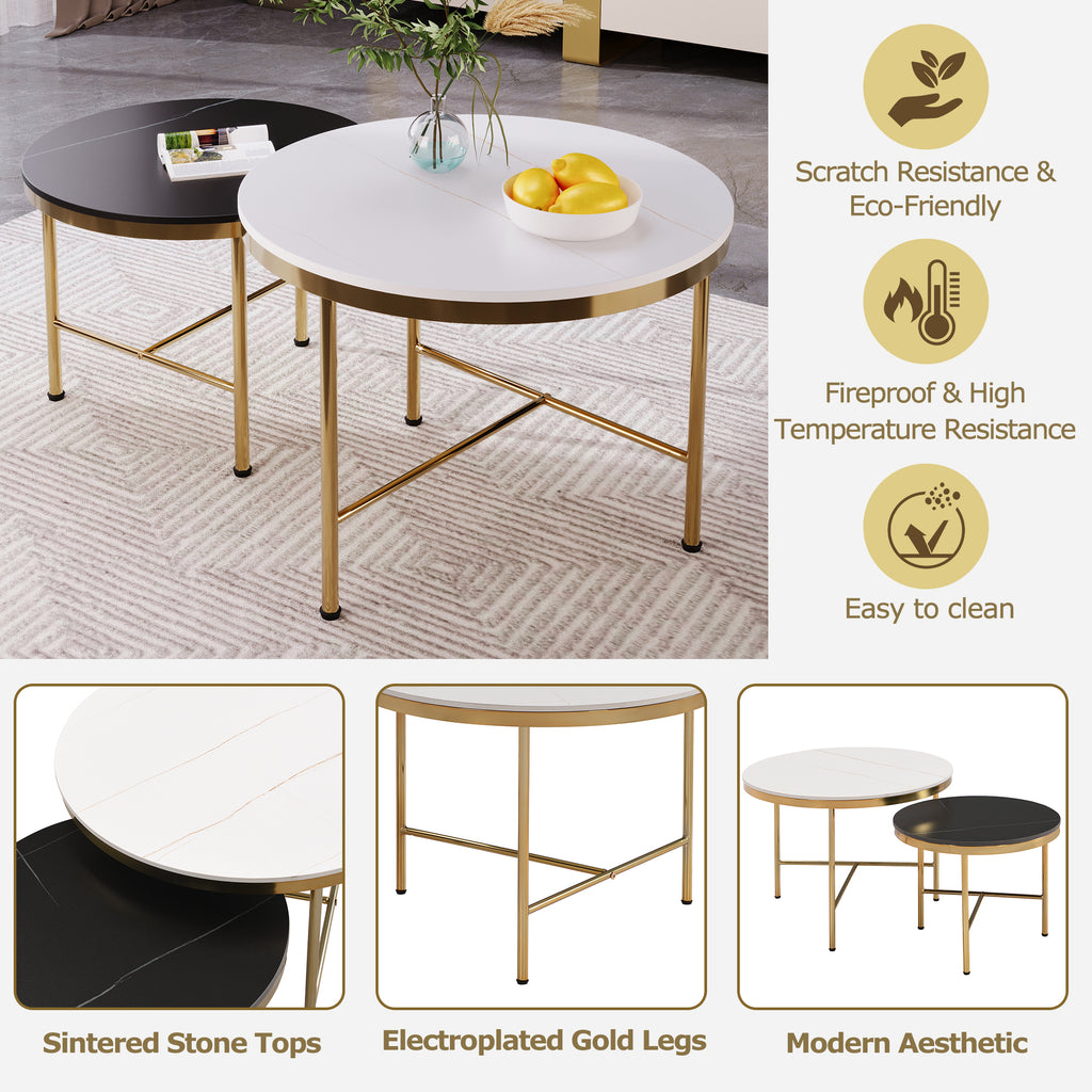 Leoglint Modern Round Nesting Coffee Table Set 2-Piece Black & White Sintered Stone Top Gold Base in 23.6''&17.7''