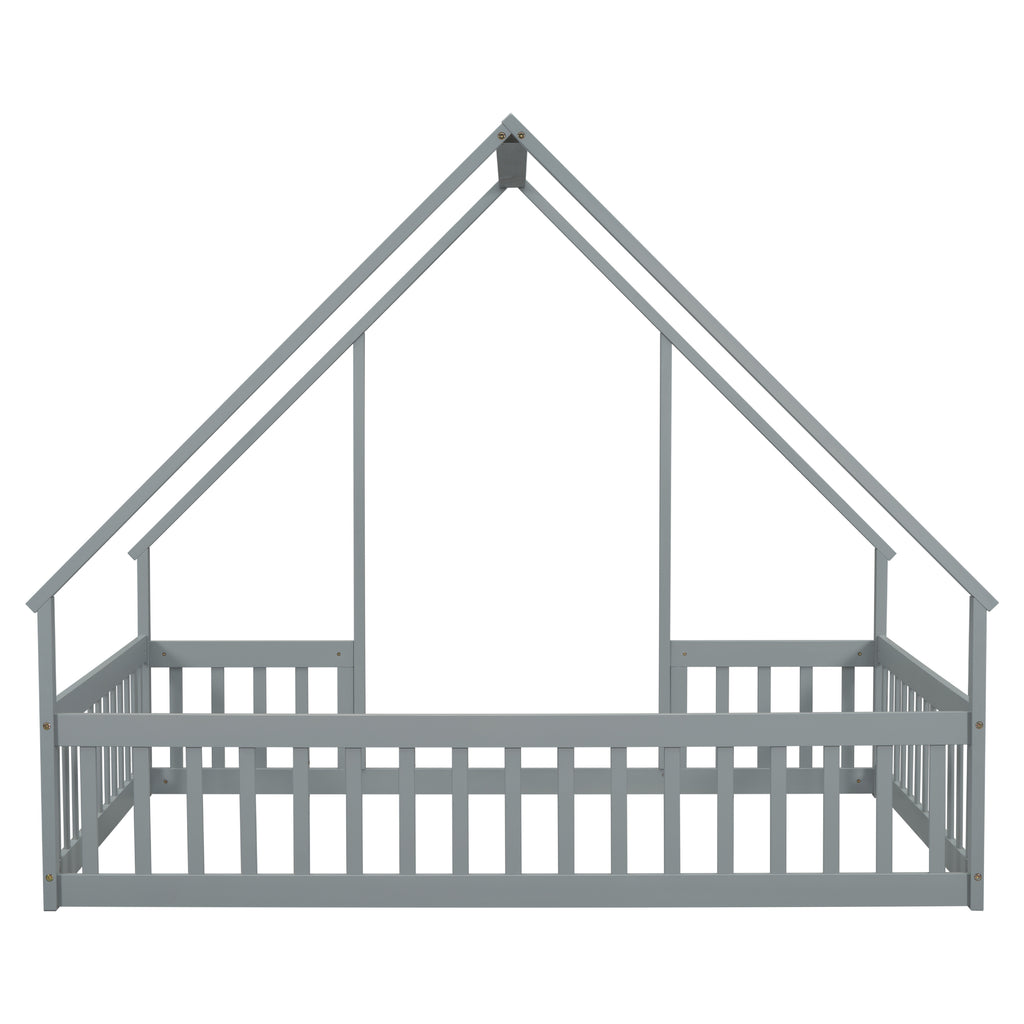 Leoglint Full Wood House-Shaped Floor Bed Frame with Fence, Guardrails,Grey