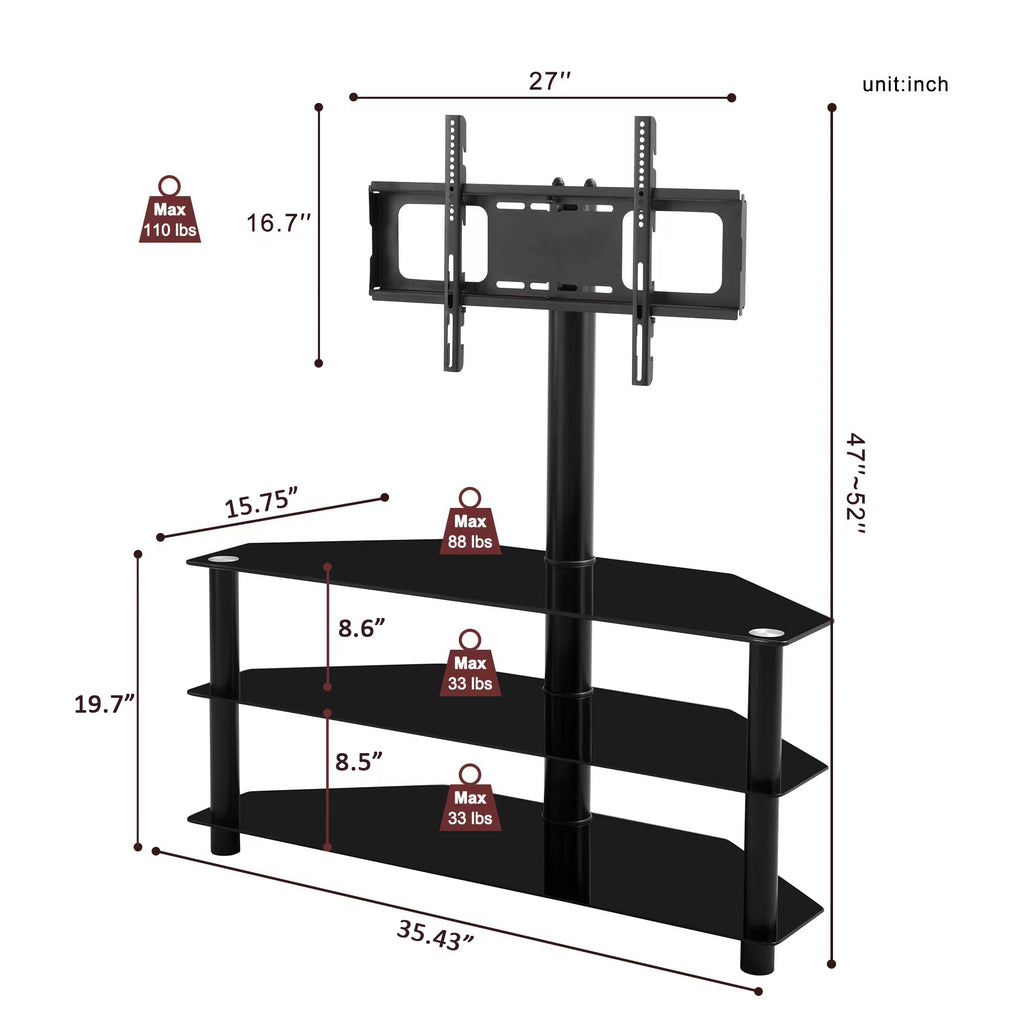 Leoglint 35.4 inch Black Multi-function TV Stand Height Adjustable Bracket Swivel 3-Tier